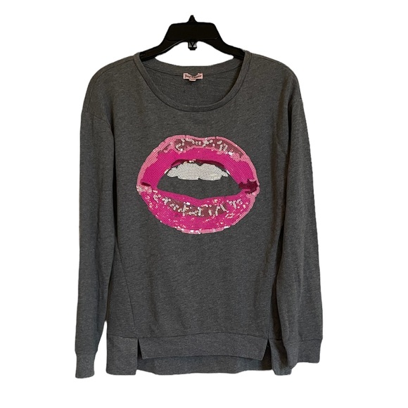 Juicy Couture Gray Hot Pink Sequin Lips Sweatshirt - Picture 2 of 11